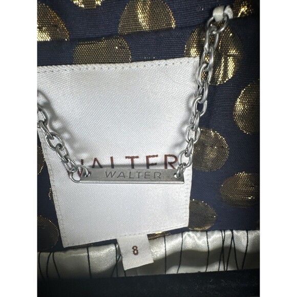 WALTER Cropped Button Tie Blazer Navy With Gold Metallic Polka Dots Women’s Sz 8 - Picture 4 of 11